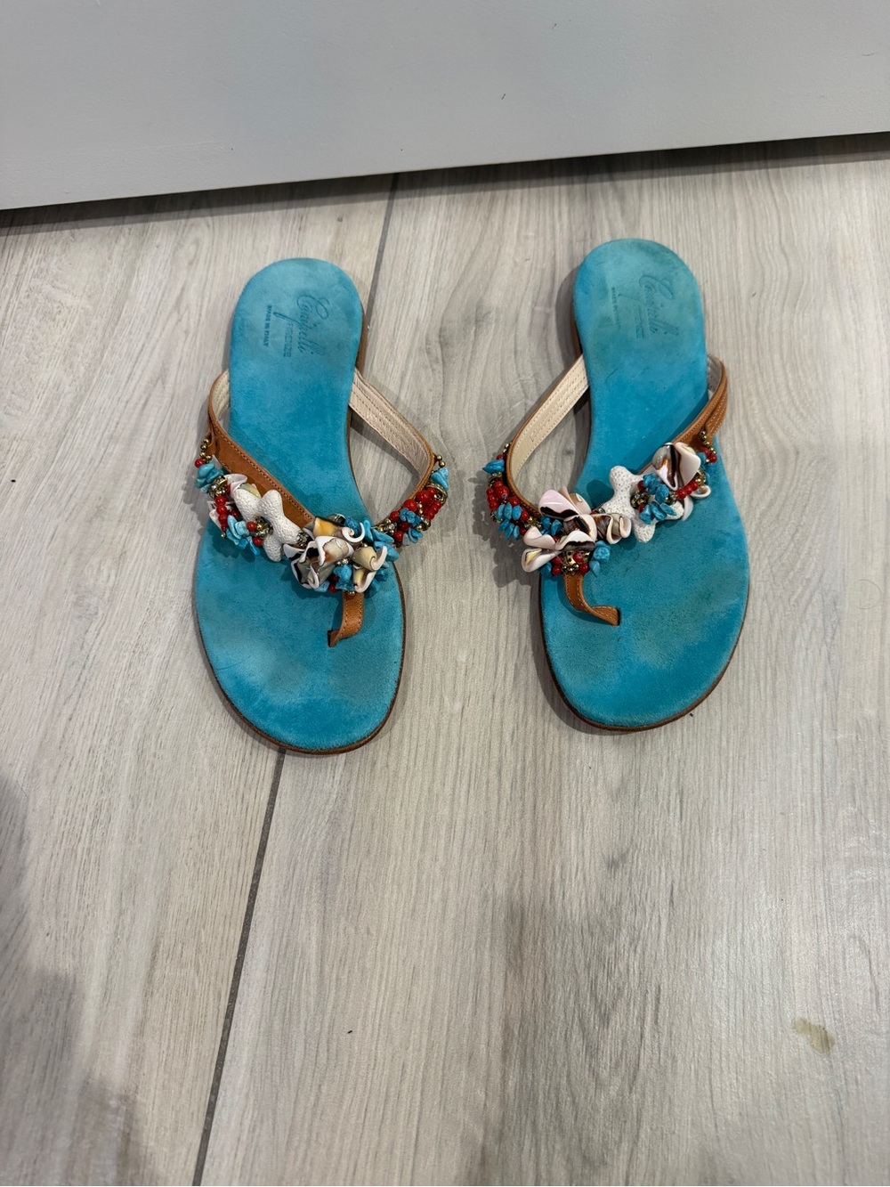 Beaded Turquoise Thong Sandals with Shell Accents - Women's
